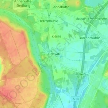 Mappa topografica Klettwitz, altitudine, rilievo