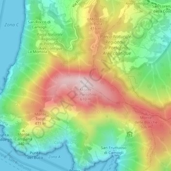 Mappa topografica Monte di Portofino, altitudine, rilievo