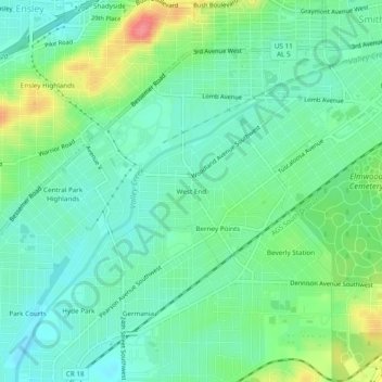 Mappa topografica West End, altitudine, rilievo