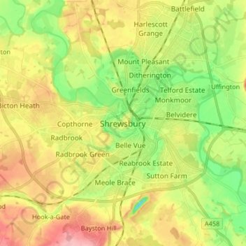 Mappa topografica Shrewsbury, altitudine, rilievo
