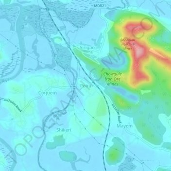 Mappa topografica Poira, altitudine, rilievo
