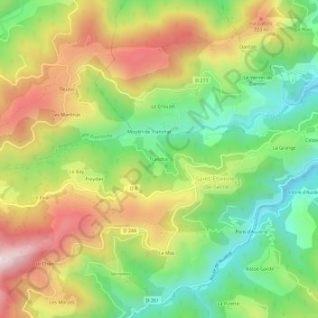 Mappa topografica Tranchat, altitudine, rilievo