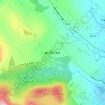 Mappa topografica Bryansford, altitudine, rilievo