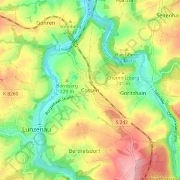 Mappa topografica Cossen, altitudine, rilievo