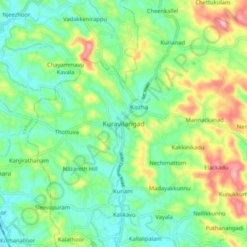 Mappa topografica Kuravilangad, altitudine, rilievo