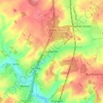 Mappa topografica Oaklands, altitudine, rilievo