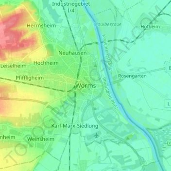 Mappa topografica Worms, altitudine, rilievo