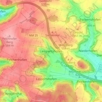 Mappa topografica Lampertshofen, altitudine, rilievo