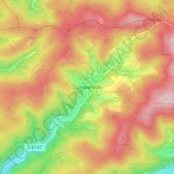 Mappa topografica Günsterode, altitudine, rilievo