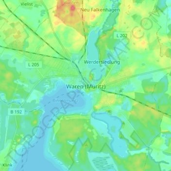Mappa topografica Waren (Müritz), altitudine, rilievo
