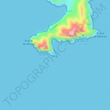 Mappa topografica Capo Teulada, altitudine, rilievo