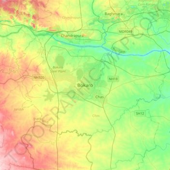 Mappa topografica Bokaro, altitudine, rilievo
