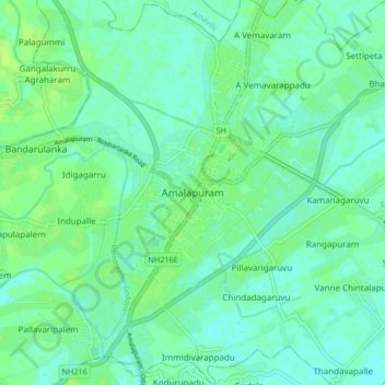Mappa topografica Amalapuram, altitudine, rilievo