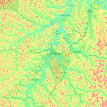 Mappa topografica Clarksburg, altitudine, rilievo