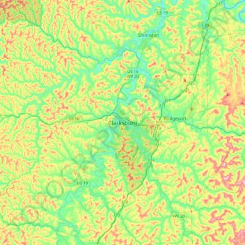 Mappa topografica Clarksburg, altitudine, rilievo