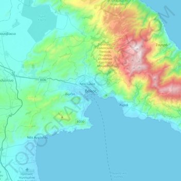 Mappa topografica Volos, altitudine, rilievo