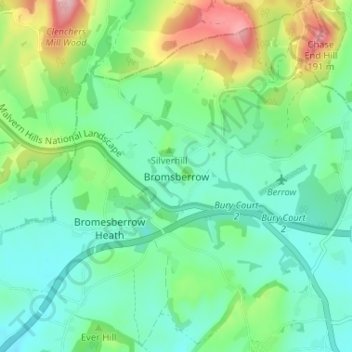 Mappa topografica Bromsberrow, altitudine, rilievo