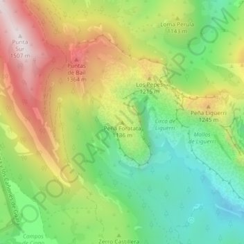 Mappa topografica Peña Foratata, altitudine, rilievo