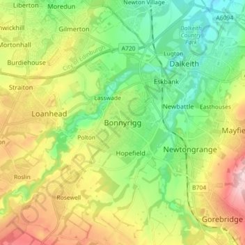 Mappa topografica Bonnyrigg, altitudine, rilievo