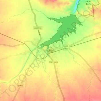 Mappa topografica Dhari, altitudine, rilievo