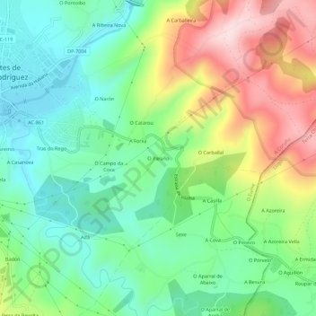 Mappa topografica O Paraño, altitudine, rilievo