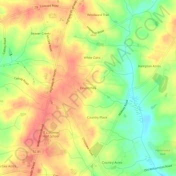 Mappa topografica Devonshire, altitudine, rilievo