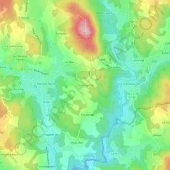 Mappa topografica Coussangettes, altitudine, rilievo