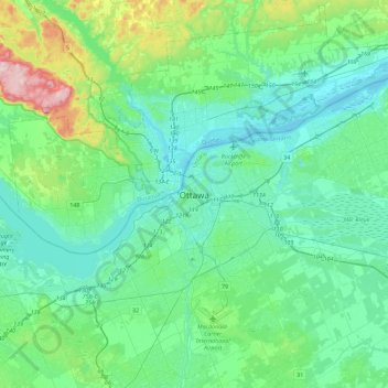 Mappa topografica Ottawa, altitudine, rilievo