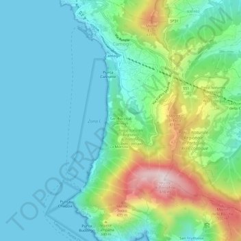 Mappa topografica San Rocco di Camogli, altitudine, rilievo