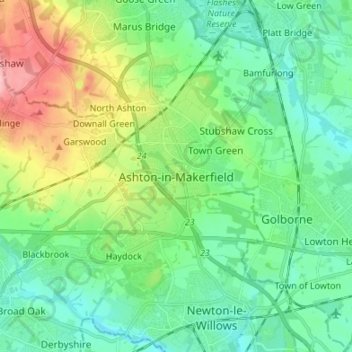 Mappa topografica Ashton-in-Makerfield, altitudine, rilievo