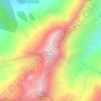 Mappa topografica Monte Albergian, altitudine, rilievo