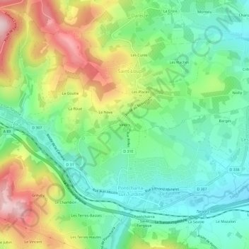 Mappa topografica Vindry, altitudine, rilievo