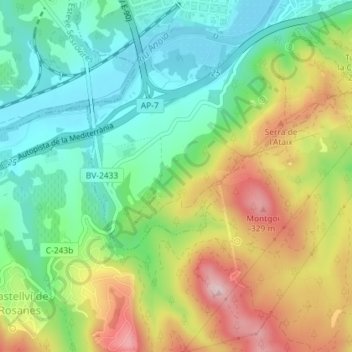 Mappa topografica Riba Roja, altitudine, rilievo