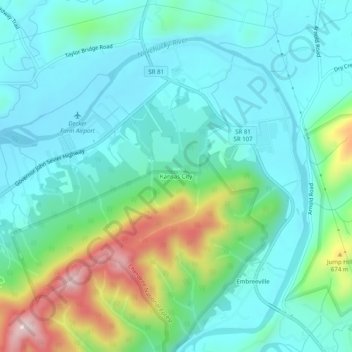 Mappa topografica Kansas City, altitudine, rilievo