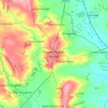 Mappa topografica Stow-on-the-Wold, altitudine, rilievo