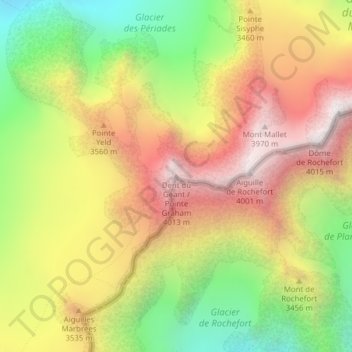 Mappa topografica Dent du Géant, altitudine, rilievo