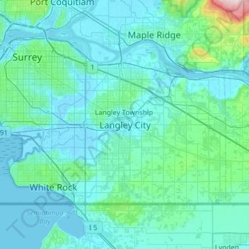 Mappa topografica Langley City, altitudine, rilievo