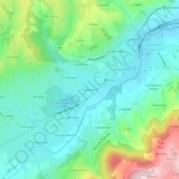 Mappa topografica Champagnol, altitudine, rilievo