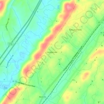 Mappa topografica Georgetown, altitudine, rilievo