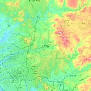 Mappa topografica Poway, altitudine, rilievo