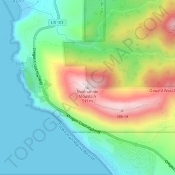 Mappa topografica Neahkahnie Mountain, altitudine, rilievo