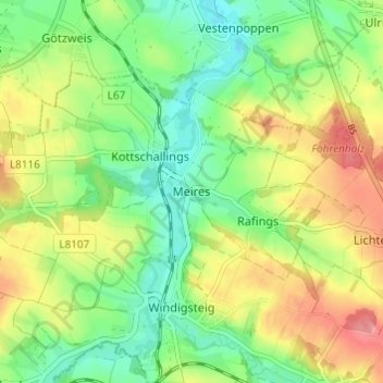 Mappa topografica Meires, altitudine, rilievo