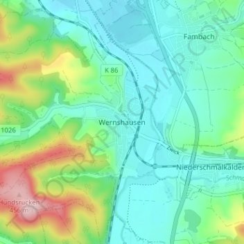 Mappa topografica Wernshausen, altitudine, rilievo