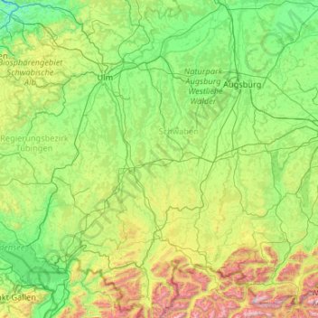 Mappa topografica Unterallgäu, altitudine, rilievo