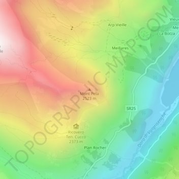 Mappa topografica Mont Pela, altitudine, rilievo