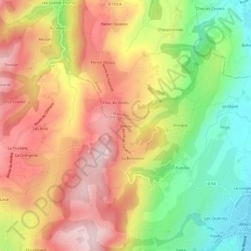 Mappa topografica Dressy, altitudine, rilievo