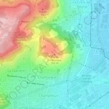 Mappa topografica Puy de Chanturgue, altitudine, rilievo