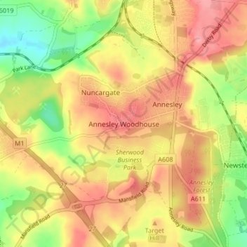 Mappa topografica Annesley Woodhouse, altitudine, rilievo