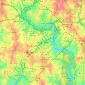 Mappa topografica Chevy Chase, altitudine, rilievo