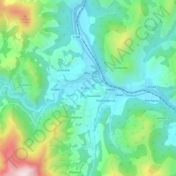 Mappa topografica Bidarray, altitudine, rilievo